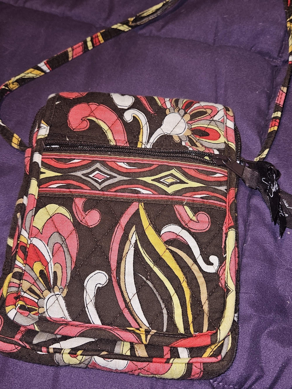Vera Bradley Brown Quilted Crossbody with Pink Yellow and Cream Paisley